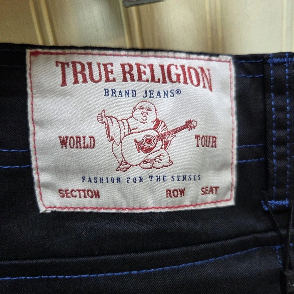 True Religion Cargo Pants Mens 36x32 Black Pacific Blue Stitch Pockets Casual